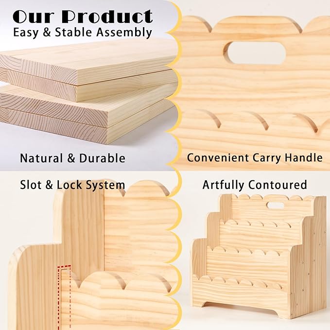 Kids Bookshelf Storage 3-Tier, Book Case for Kids Rooms, Scalloped Wooden Montessori Bookcase for Toddlers & Baby, Small Nursery & Classroom Book Shelves, Solid Wood Organizer