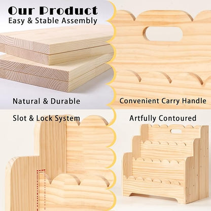 Kids Bookshelf Storage 3-Tier, Book Case for Kids Rooms, Scalloped Wooden Montessori Bookcase for Toddlers & Baby, Small Nursery & Classroom Book Shelves, Solid Wood Organizer