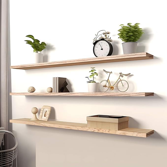 PHPH 48 Inch Wood Floating Shelves for Wall, Wooden Wall Shelves for Bedroom, Set of 4 Light Brown