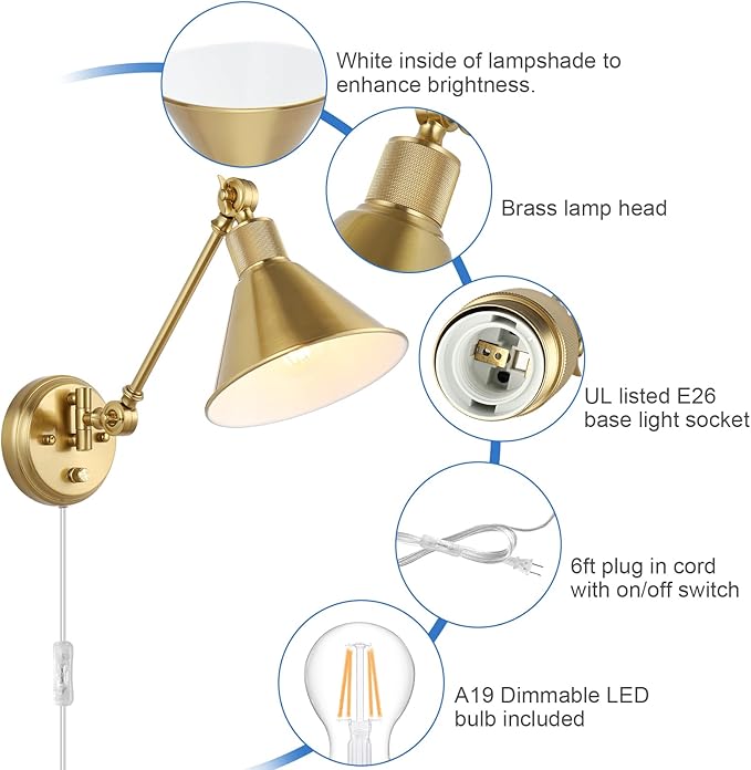 TRLIFE Wall Sconce Plug in, Dimmable Wall Sconce Brushed Brass Swing Arm Wall Lights with Plug in Cord and Dimmer On/Off Knob Switch, Wall Mounted Light for Bedside Bedroom Stairway (1 Pack, 1 Bulb)