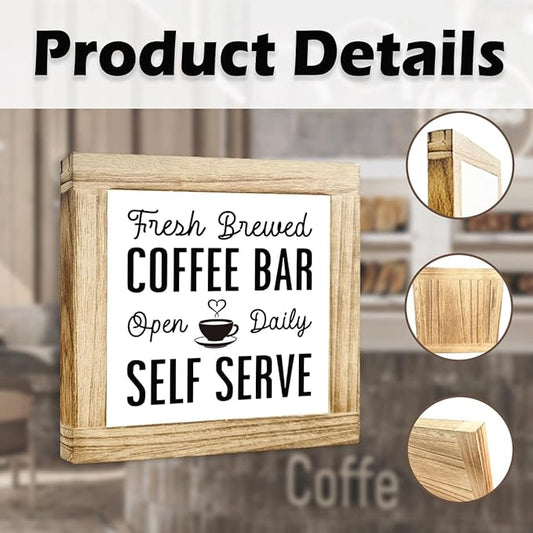Vintage Coffee Bar Signs Fresh Brewed Coffee Bar Open Daily Self Serve Farmhouse Cafe Sign Wall Decor for Kitchen Home Office Rustic Coffees Style Decor Square Wood cafe Art 5.9x5.9 Inch