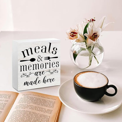 Meals and Memories Are Made Here Wood Box Sign Desk Decor for Kitchen Counter Farmhouse Shelf Cubicle, Funny Kitchen Wooden Box Decorative Signs 5.1x5.1 Inch
