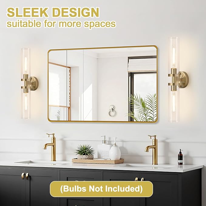 Wall Sconces Set of Two, Hardwired Brass Bathroom Sconces Wall Lighting with Clear Glass, Modern Sconces Wall Decor Set of 2 Vanity Light fixtures for Bathroom Mirror Bedroom (Bulbs Not Included)