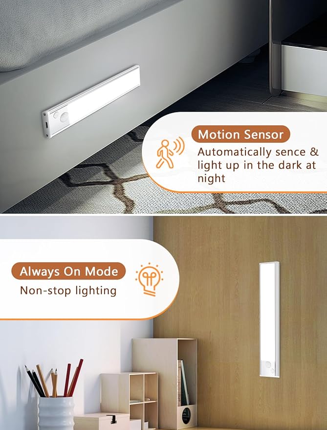 Under Cabinet Motion Sensor Lighting: 8 Inch Dimmable Rechargeable Lights Indoor - Battery Operated Lights - Undercabinet Closet Light Magnetic Led Light for Kitchen Home Bathroom Counter 4 Pack