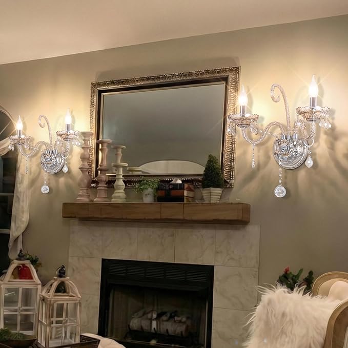 Crystal Wall Sconce Candle Sconces Elegant Classic Wall Light Decor Set of 2 Perfect Hang on The Wall for Living Room Bathroom Entryway Hallway Hotel Galleries Exhibition Room