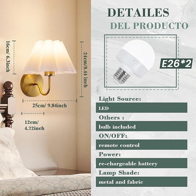 Battery Operated Wall Sconces Sets of 2, Indoor not Hardwired White Fabric lampshade Fixtures,Rechargeable Wireless 10 Colors Wall Lights with Dimmable Remote Control
