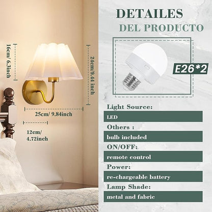 Battery Operated Wall Sconces Sets of 2, Indoor not Hardwired White Fabric lampshade Fixtures,Rechargeable Wireless 10 Colors Wall Lights with Dimmable Remote Control