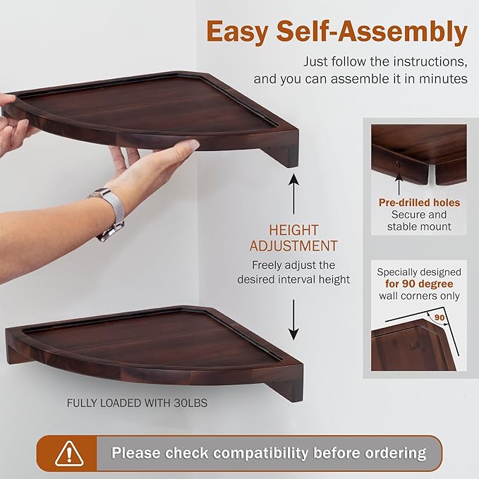 Demigo Floating Round Corner Shelves for Wall 2pcs, Acacia Wood Wall-Mounted Storage Shelves for Home Decor, Space Saving Displays for Living Room, Kitchen, Office, and Bedroom (Dark Brown)