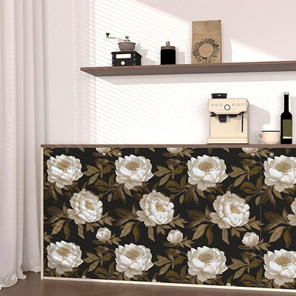Peony Floral Wallpaper Peel and Stick Gold Leaf Contact Paper Modern Floral Wallpaper Self Adhesive Waterproof Boho Botanical Wall Paper for Room Shelves Cabinet Drawer Table Decor 17.5"x118"