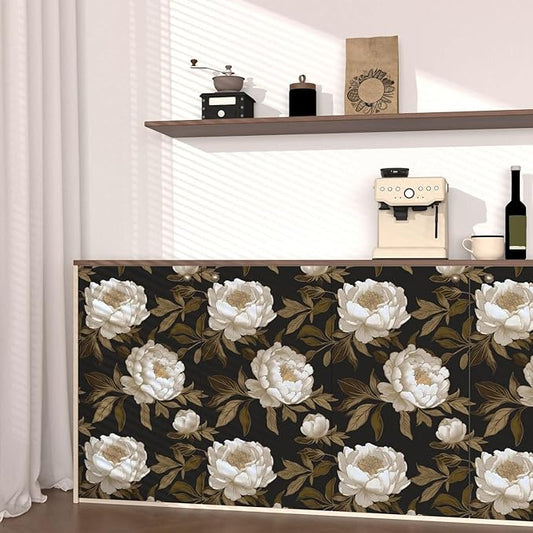 Peony Floral Wallpaper Peel and Stick Gold Leaf Contact Paper Modern Floral Wallpaper Self Adhesive Waterproof Boho Botanical Wall Paper for Room Shelves Cabinet Drawer Table Decor 17.5"x118"