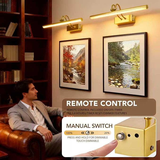 Picture Light,Picture Lights for Wall Cordless,16" Picture Lights with Timer and Dimmable,Battery Wall Lights for Display Gallery Painting Art Frame Portrait-Plated Gold