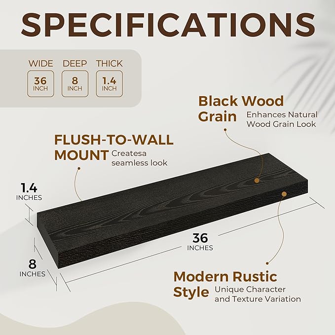 Dreamland 36 Inch Long Floating Shelves in Black,8 Inch Deep Floating Shelf for Wall,Large Display & Storage Shelf, Wall Shelf for Bathroom Bedroom Living Room Kitchen Office，Set of 2