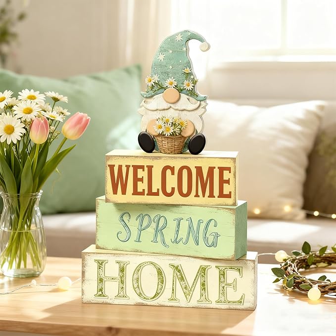 Spring Decoration Wooden Tiered Tray Decor – Rustic Welcome Spring Home Gnome Stacked Block Sign with Flower – Farmhouse Tabletop Spring Decor for Living Room Shelf Kitchen Coffee Bar Seasonal Home