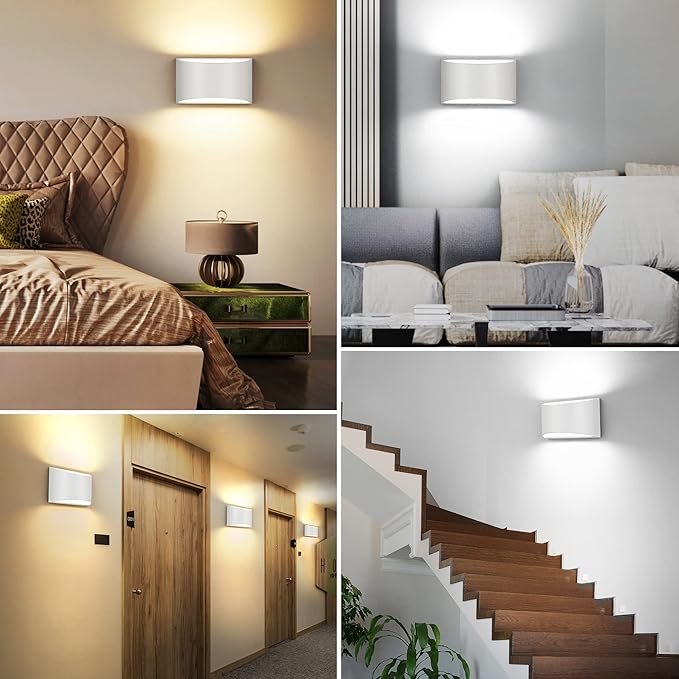 TRLIFE Dimmable Wall Sconces, 3000K/4000K/6000K Selectable Modern LED Wall Sconce 12W Aluminum Wall Mounted Light Hardwired Wall Lights for Bedroom Bedside Living Room Stairway (White, 1 Pack)