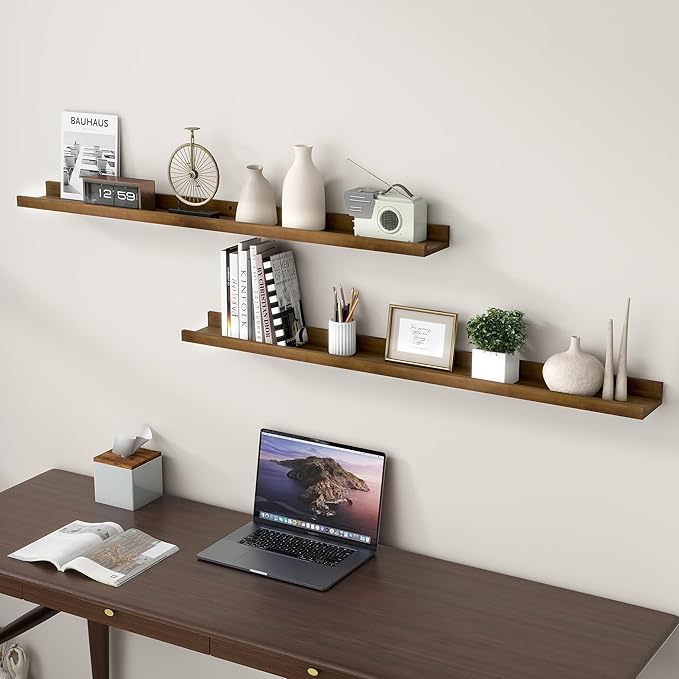 Picture Ledge Shelf, Floating Shelves Set of 2, Solid Ash Wood 48'' Long Large Nursery Book Shelves for Toys Storage, Kids Bookshelf for Living Room Bedroom Decor Books Photo Frames, Walnut