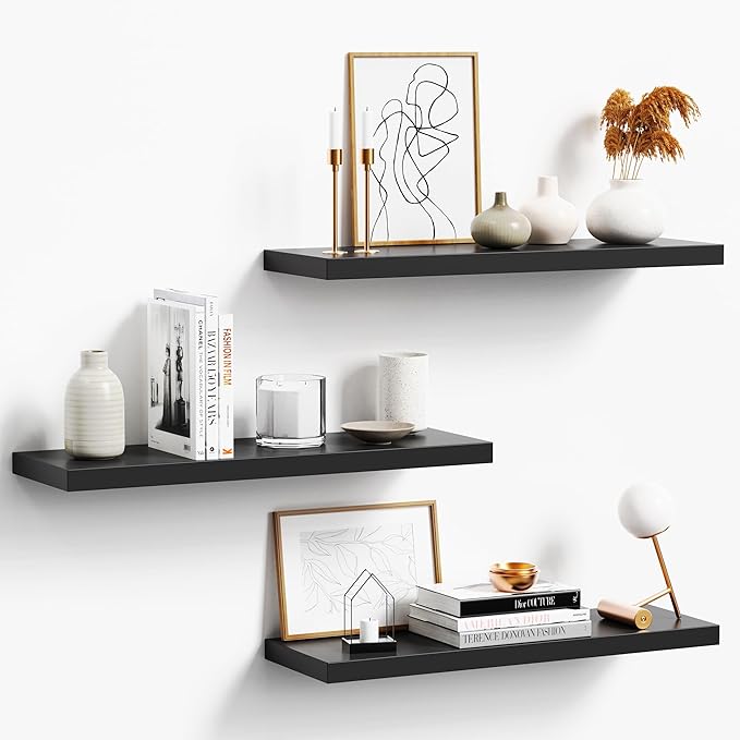 Floating Shelves - Black Wood Wall Shelf Set of 3, 24" Wall Mounted, Kitchen, Living Room, Bedroom, Bathroom Storage, Book Shelf, Frame Display
