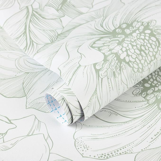 Ismoon Large Floral Peel and Stick Wallpaper Boho White and Green Contact Paper 17.3inx16.3ft Modern Wall Paper Removable Self Adhesive Vinyl Wallpaper for Bedroom Cabinet Bathroom Mural Wall Decor