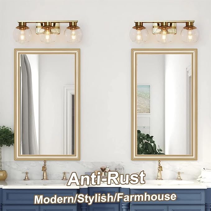 3-Light Brushed Brass Bathroom Vanity Lights, Gold Bathroom Light Fixtures Over Mirror with Globe Glass Shade, 22in Modern Wall Sconces for Bath Mirror Bedroom Hallway, E26 Base (Bulbs Not Included)