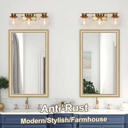 3-Light Brushed Brass Bathroom Vanity Lights, Gold Bathroom Light Fixtures Over Mirror with Globe Glass Shade, 22in Modern Wall Sconces for Bath Mirror Bedroom Hallway, E26 Base (Bulbs Not Included)