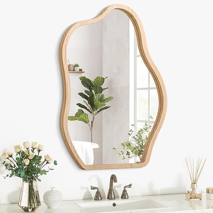 Wall Mirror Irregular Cloud Mirror Modern Wood Frame Mirror Unique Shape Asymmetrical Wall Vanity Artistic Mirror Decor for Bedroom Bathroom Entryway Hallway Living Room Large