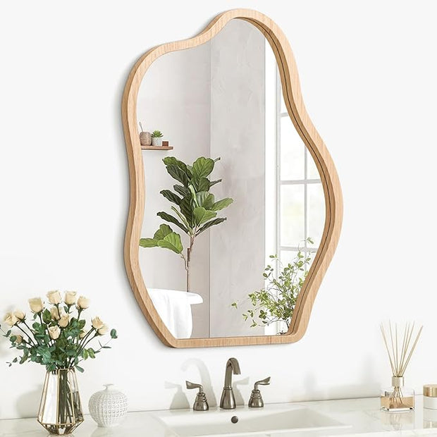 Wall Mirror Irregular Cloud Mirror Modern Wood Frame Mirror Unique Shape Asymmetrical Wall Vanity Artistic Mirror Decor for Bedroom Bathroom Entryway Hallway Living Room Large