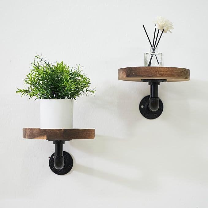 Round Wooden Floating Shelves Wall Mounted (Set of 2). Made of Acacia Wood. Industrial Pipe Brackets. A Unique Rustic Pedestal for Plants and Ornaments. Diameter 7.1 inches.