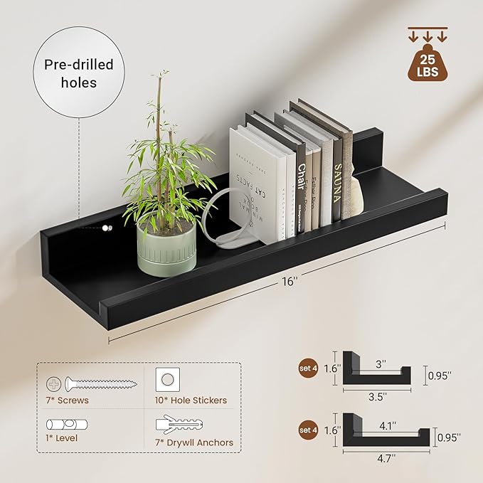 Heimlove 24 inch Picture Ledge Shelf Set of 8,Long Floating Shelves for Wall,Black Picture Shelf with Lip for Wall Decor,Living Room Bedroom Bookshelf Photo Frames Nursery Book Shelves for Storage