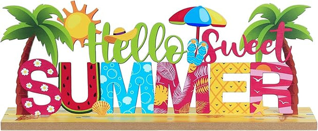 MEETYAMOR Summer Decor, Wood Metal Hello Sweet Summer Sign for Table Decor, Farmhouse Rustic Summer Decorations for Home, Office, Living Room, Kitchen, Mantel, Shelf
