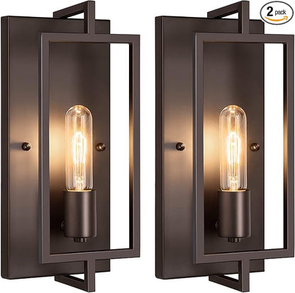 Industrial Wall Sconces Set of 2, Vintage Brown Wall Light Fixture E26 Base, Metal Rustic Wall Mount Lamp, Modern Indoor Lighting Hardwired