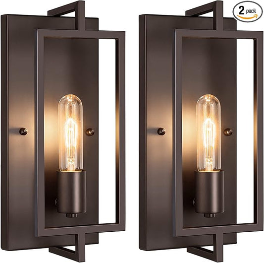 Industrial Wall Sconces Set of 2, Vintage Brown Wall Light Fixture E26 Base, Metal Rustic Wall Mount Lamp, Modern Indoor Lighting Hardwired