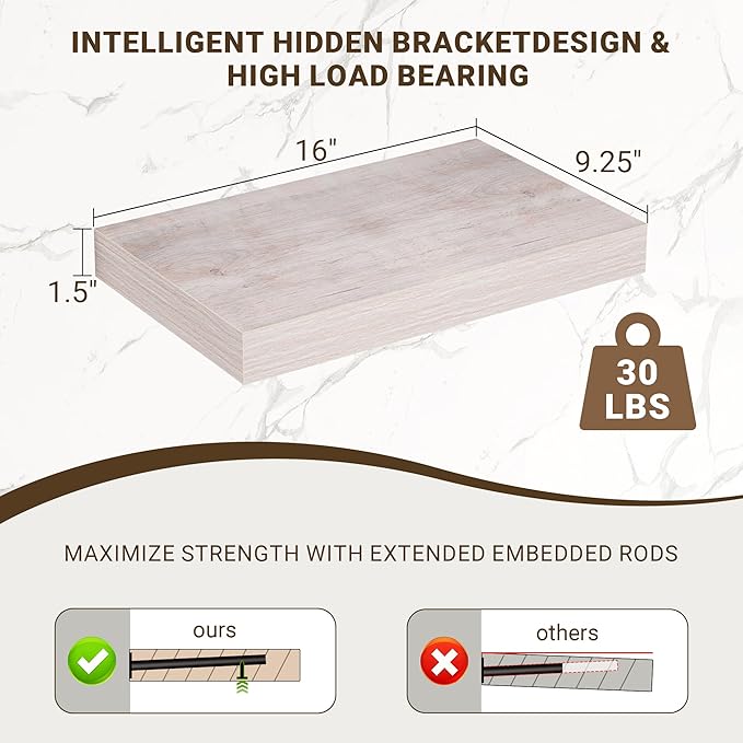 16 Inch Floating Shelves, 3D Textured Wood Grain, 16