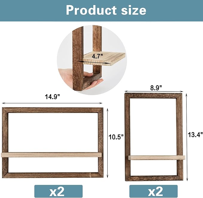 idee-home Floating Shelves for Wall, Rustic Square Hanging Floating Shelves Set of 4 Wood, Wall Decor Mounted Bathroom, Living Room, Kitchen Storage