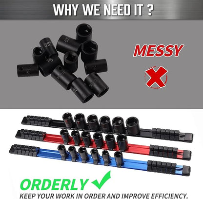 ALOANES 1/4-Inch Drive Aluminum Alloy Socket Rail Organizer, Heavy Duty Socket Racks, Socket Holder Kit for Toolbox Drawer Fit 1/4-Inch x 24 Clips (Blue)