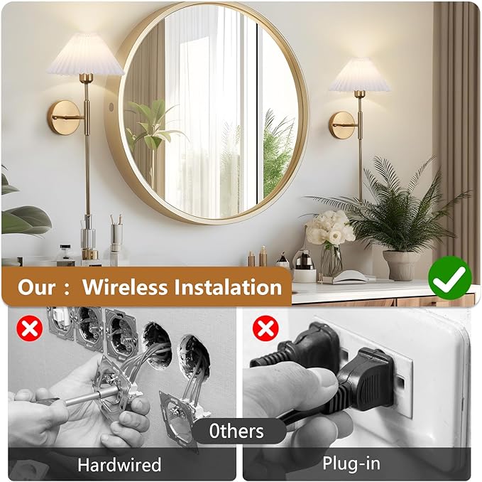 Rechargeable Wall sconces Set of Two,Battery Operated Wall sconce with Remote Control,Wireless Wall lights Dimmable,15 Color Changing,Gold Battery Wall Lamp no wiring for Bedroom Living Room Hallway