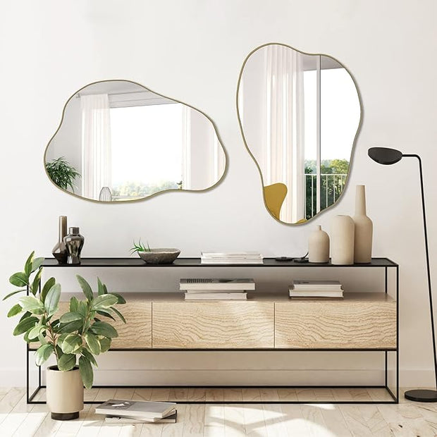 POZINO Gold Irregular Mirror, 30"x20.5" Cloud Shaped Mirrors, Asymmetrical Wall Mirror, Modern Abstract Frameless Mirrors for Living Room Bathroom Bedroom Entryway, Hangs Vertically or Horizontally