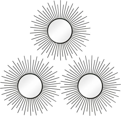 3 Pack Metal Mirrors for Wall Sunburst Wall Mirrors Home Décor Decorative Hanging Wall Art for Living Room Bedroom Entryway (Black2, Sunburst)
