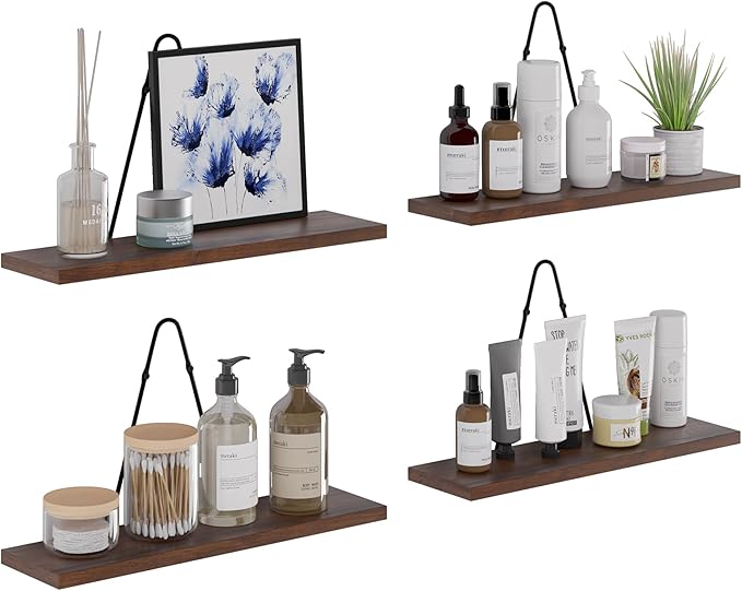 Rustic State Moma Wall Mounted Narrow Decorative Floating Shelves with Triangle Brackets - Picture Ledge, Display for Collectibles Memorabilia Awards Objects Toiletries - Set of 4 - Walnut