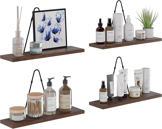 Rustic State Moma Wall Mounted Narrow Decorative Floating Shelves with Triangle Brackets - Picture Ledge, Display for Collectibles Memorabilia Awards Objects Toiletries - Set of 4 - Walnut
