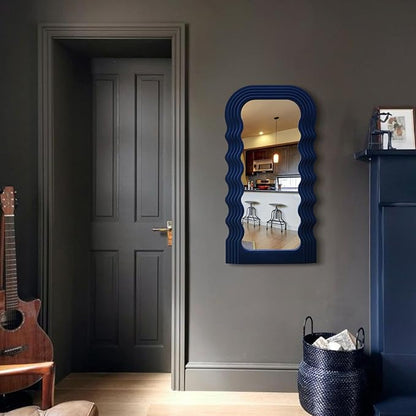 Funky Wall Mirror Decor for Hallway Entryway, 14x28 Asymmetrical Decorative Mirrors for Home Office Living Room, Maximalist Home Decor for Housewarming Christmas Wedding Gift (Dark Blue)