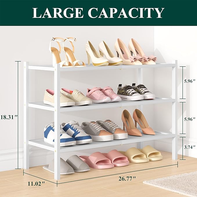 Smiry Bamboo Shoe Rack, 3 Tier Shoe Organizer for Entryway & Closet, Stackable Free Standing Storage Shelf for Shoes, Bags & Plants, White