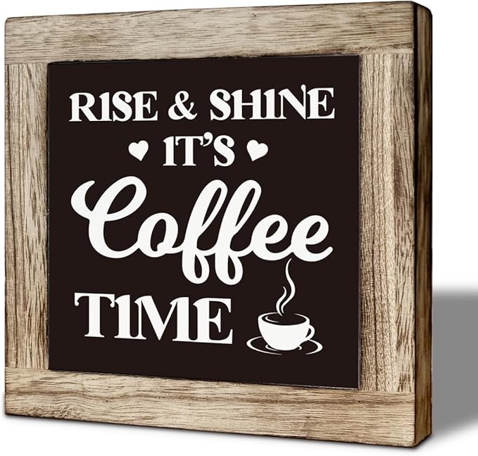 Coffee Bar Decor, Farmhouse Coffee Tiered Tray Decor, Rustic Funny Wooden Box Sign Block Plaque for Wall Tabletop Desk Bar Accessories 5.9×5.9 inch