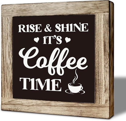 Coffee Bar Decor, Farmhouse Coffee Tiered Tray Decor, Rustic Funny Wooden Box Sign Block Plaque for Wall Tabletop Desk Bar Accessories 5.9×5.9 inch