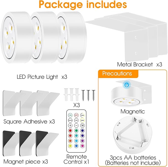 RGB Picture Light Battery Operated Painting Lights for Wall Wireless Magnetic Display Art Light with Remote Controls,Dimmable&Timer for Art Frame Artworking,3Pack White