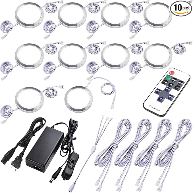 Under Bar Lighting, Workspace Accent Light Kit, 120V Cabinet LED Puck, Daisy Chained Linkable, Plug-in & Hardwiring, Wireless RF Remote Control Dimmable, White Cables, Daylight, 10 Lights