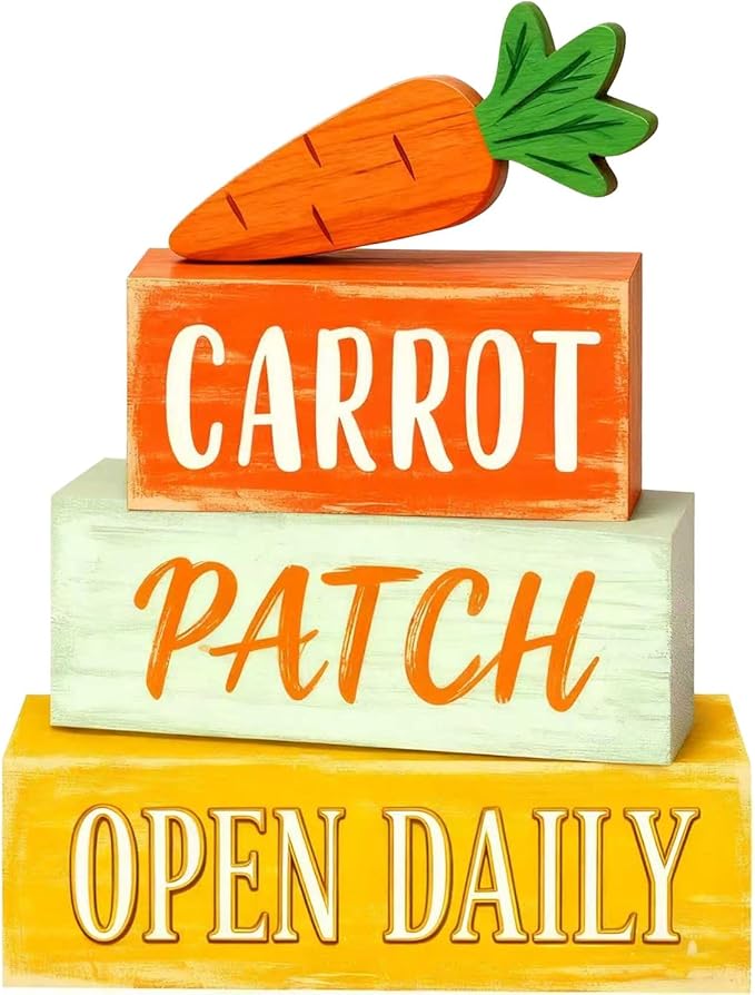 Easter Decorations - Easter Carrot Patch Tiered Tray Decor - Wooden Farm Stand Tabletop Decoration - Rustic Farmhouse Spring Home Decor Indoor for Tiered Tray Shelf Mantel Coffee Table Kitchen Counter
