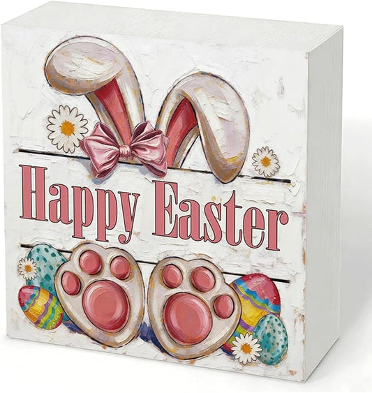 Easter Tiered Tray Decor Happy Easter Bunny Wooden Box Sign, Rustic Farmhouse Spring Desk Tabletop Decoration, Easter Shelf Plaque for Home Living Room Kitchen