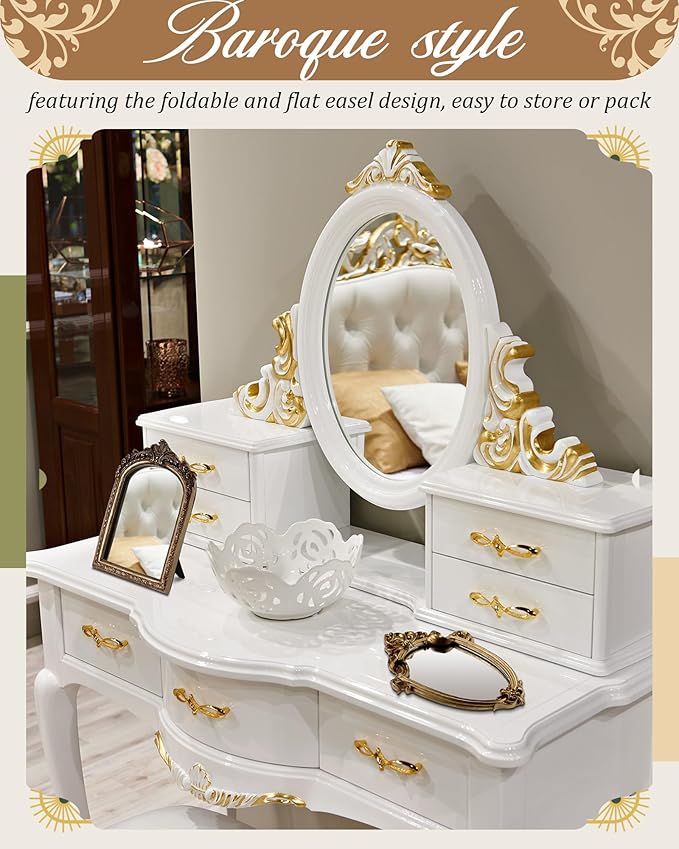 3 Styles Vintage Gold Mirror Set Wall Decorative, Vintage Wall Mirror Antique Hanging and Tabletop with Stand for Living Room Bedroom Dresser, Classic Home Wedding Decor(Classic Style)