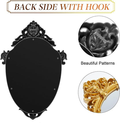 2 Pcs Vintage Gold Mirror Set Including 14.5 x 9.8 Inch Oval Decorative Jewelry Tray 16.3 x 11.2 Inch Antique Wall Mirror Gold Shield Shape Victorian Decor for Bedroom Bathroom Wedding