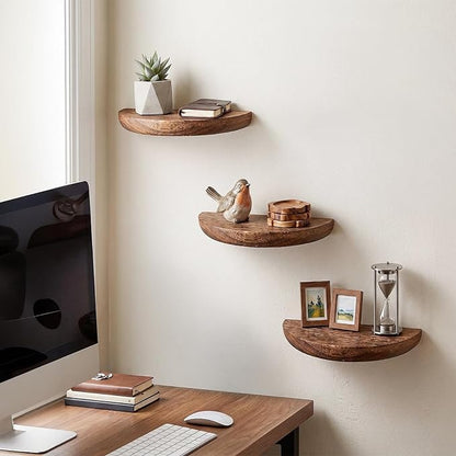 Solid Wood Half Round Floating Shelves, Elegant Floating Shelves, 8.27 Inch Small Wall Mounted Floating Corner Shelves for Living Room, Bedroom, Bathroom, Office. Dark Brown Floating Shelves, Set of 5