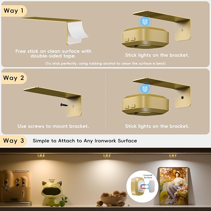 Picture Lights for Wall, Rechargeable Magnetic Poster Lights with 3 Color Temperatures, Dimmable Timer Painting Decor Light for Art Display, Frame (Gold, 1 Pack)